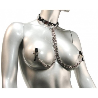 Picture of Chrome Slave Collar with Nipple Clamps - SmallMedium