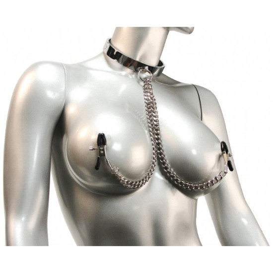Picture of Chrome Slave Collar with Nipple Clamps - SmallMedium