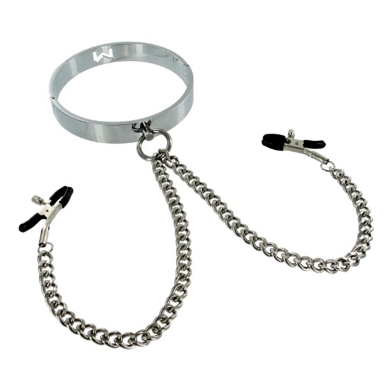 Picture of Chrome Slave Collar with Nipple Clamps - SmallMedium