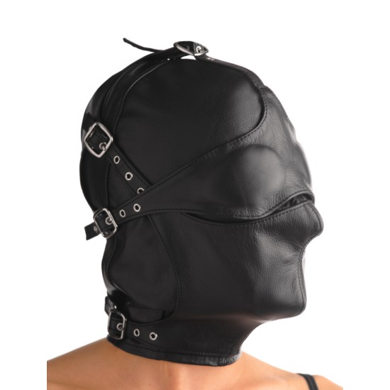 Picture of Asylum Leather Hood with Removable Blindfold and Muzzle- ML