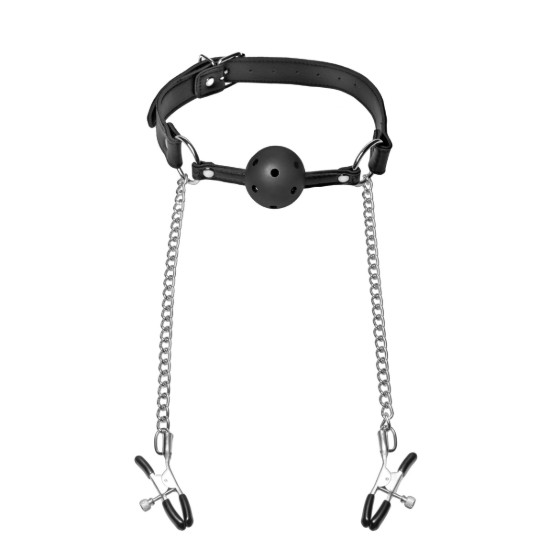 Picture of Breathable Ball Gag with Nipple Clamps