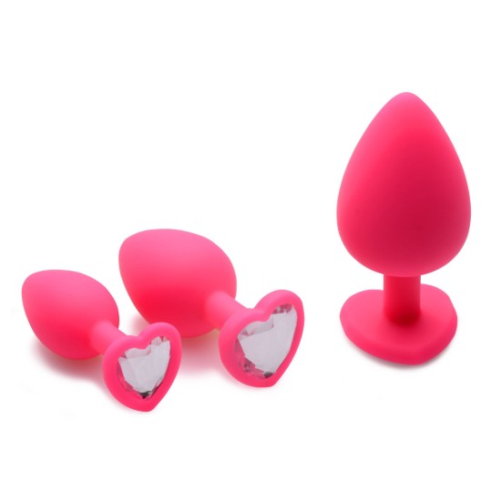 Picture of Pink Hearts 3 Piece Silicone Anal Plugs with Gem Accents