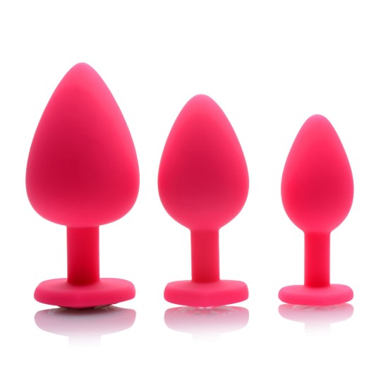 Picture of Pink Hearts 3 Piece Silicone Anal Plugs with Gem Accents