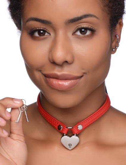 Picture of Heart Lock Leather Choker with Lock and Key - Red