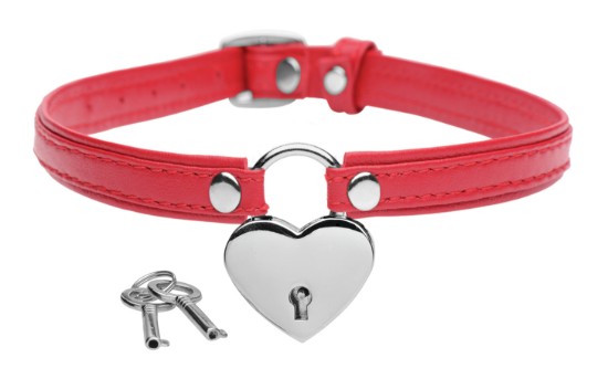 Picture of Heart Lock Leather Choker with Lock and Key - Red